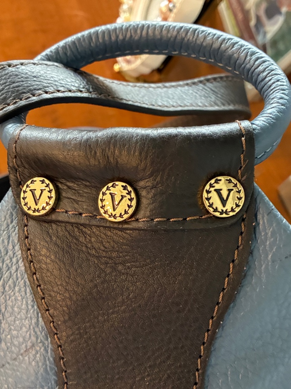 Valentina Blue and Dark Brown Leather Backpack - Picture 14 of 16